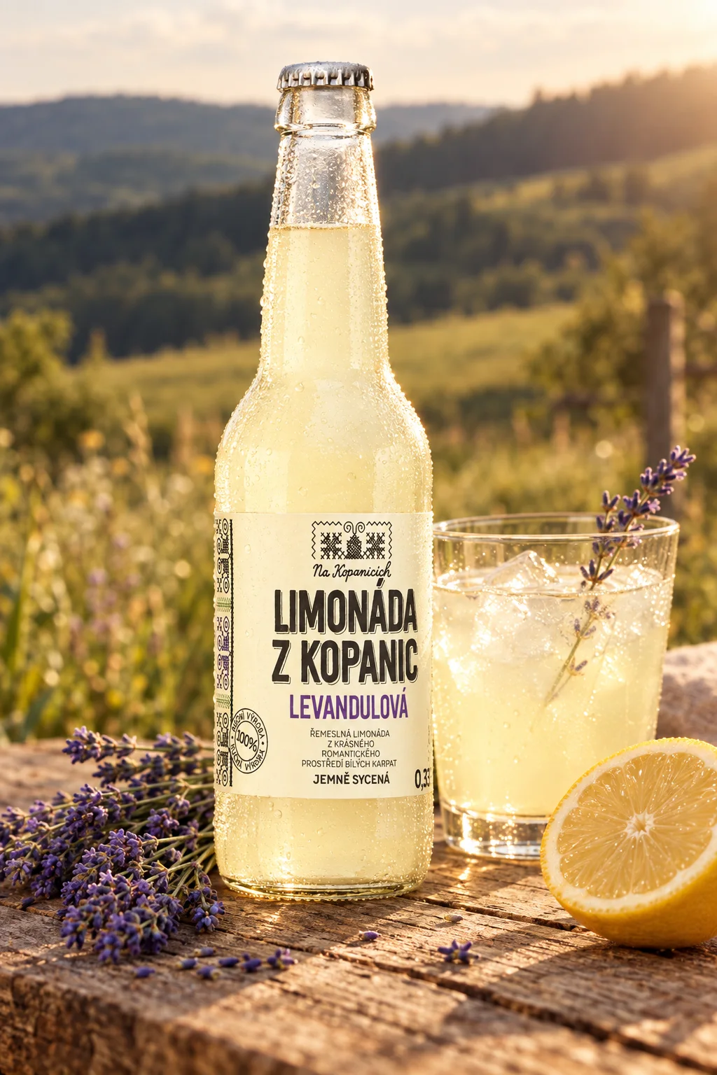 Lahev Limonáda z Kopanic Levandulová na dřevěném stole v louce, vedle sklenice s ledem, levandule a citron